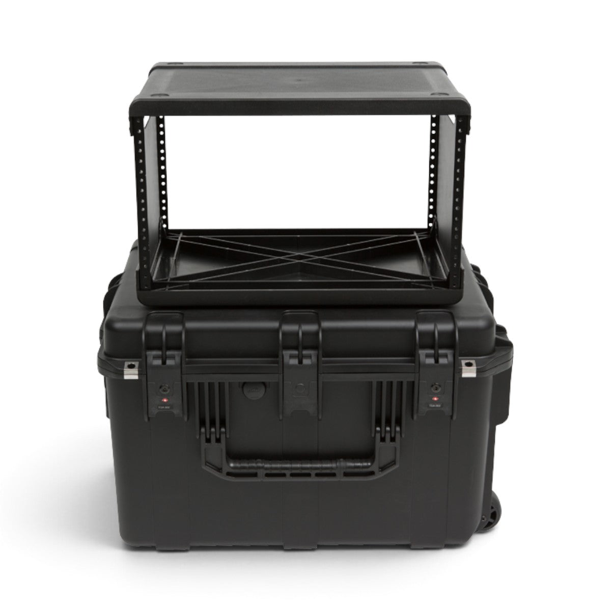 SKB Cases 6U iSeries injection molded fly rack with a removable black rack frame and waterproof protective case.