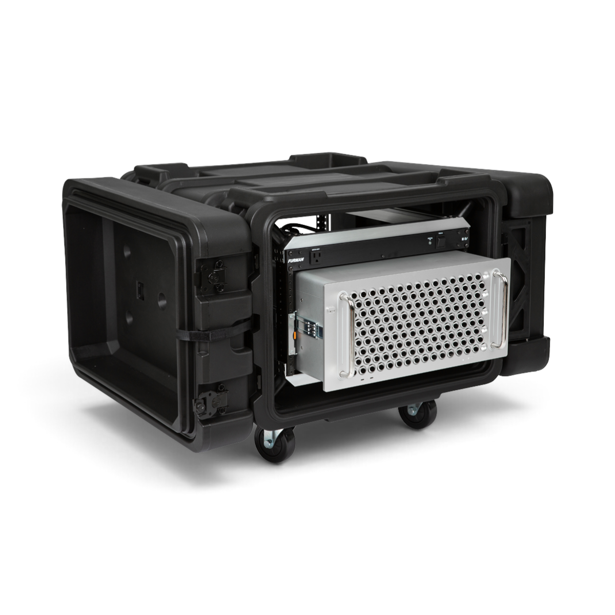 SKB Cases 6U 24-inch deep roto shock rack with black protective shell, internal aluminum frame, and rolling casters.