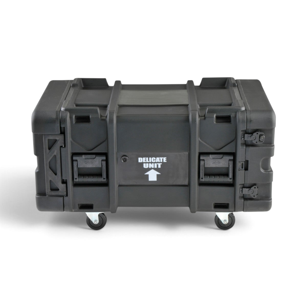 SKB Cases 6U 28-inch deep roto shock rack in black with heavy-duty latches, casters, and delicate unit label.