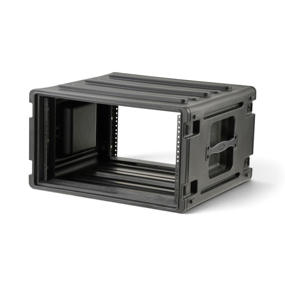SKB Cases 6U rSeries rack made of durable black roto-molded polyethylene with steel threaded rails and side handles.