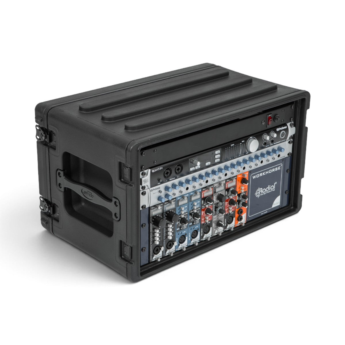 SKB Cases 6U rSeries shallow rack in black polyethylene with mounted audio equipment and recessed steel latches