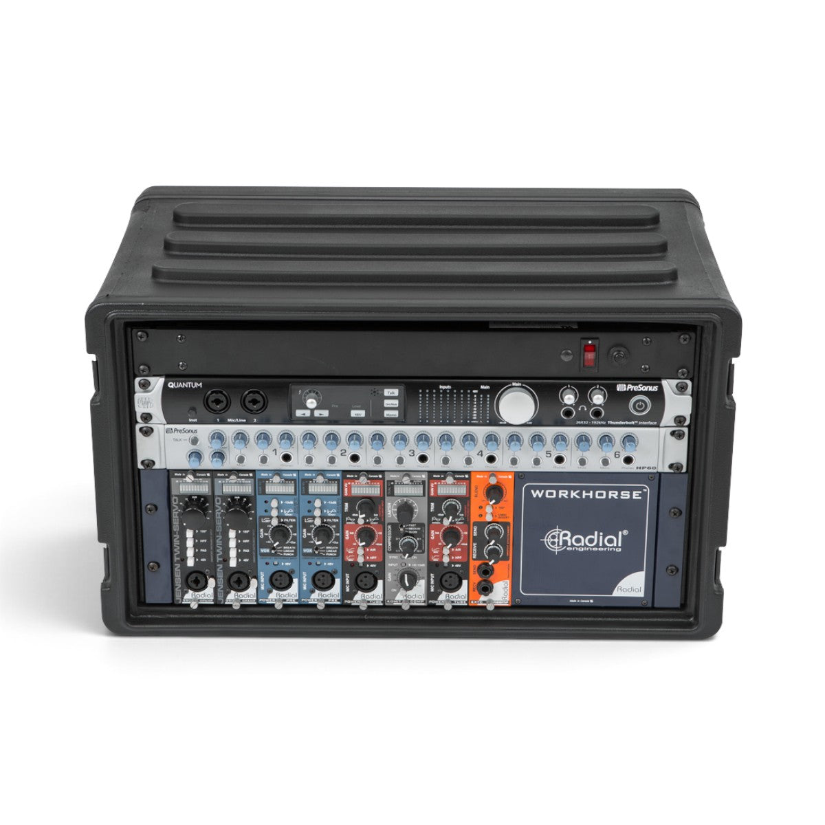 SKB Cases 6U rSeries shallow rack in black polyethylene with mounted audio interface and rack-mount mixer equipment.