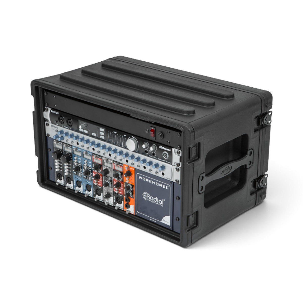 SKB Cases 6U rSeries shallow rack in black roto-molded polyethylene with mounted audio equipment and steel rails.