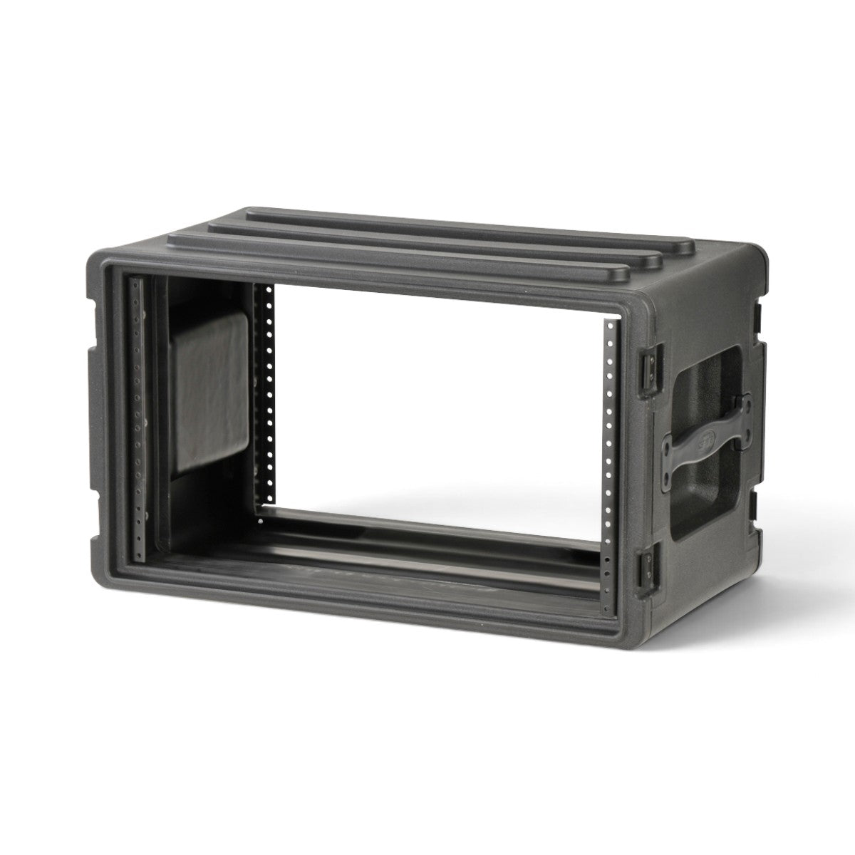 SKB Cases 6U rSeries shallow rack made of durable black polyethylene with front and rear steel threaded rails.