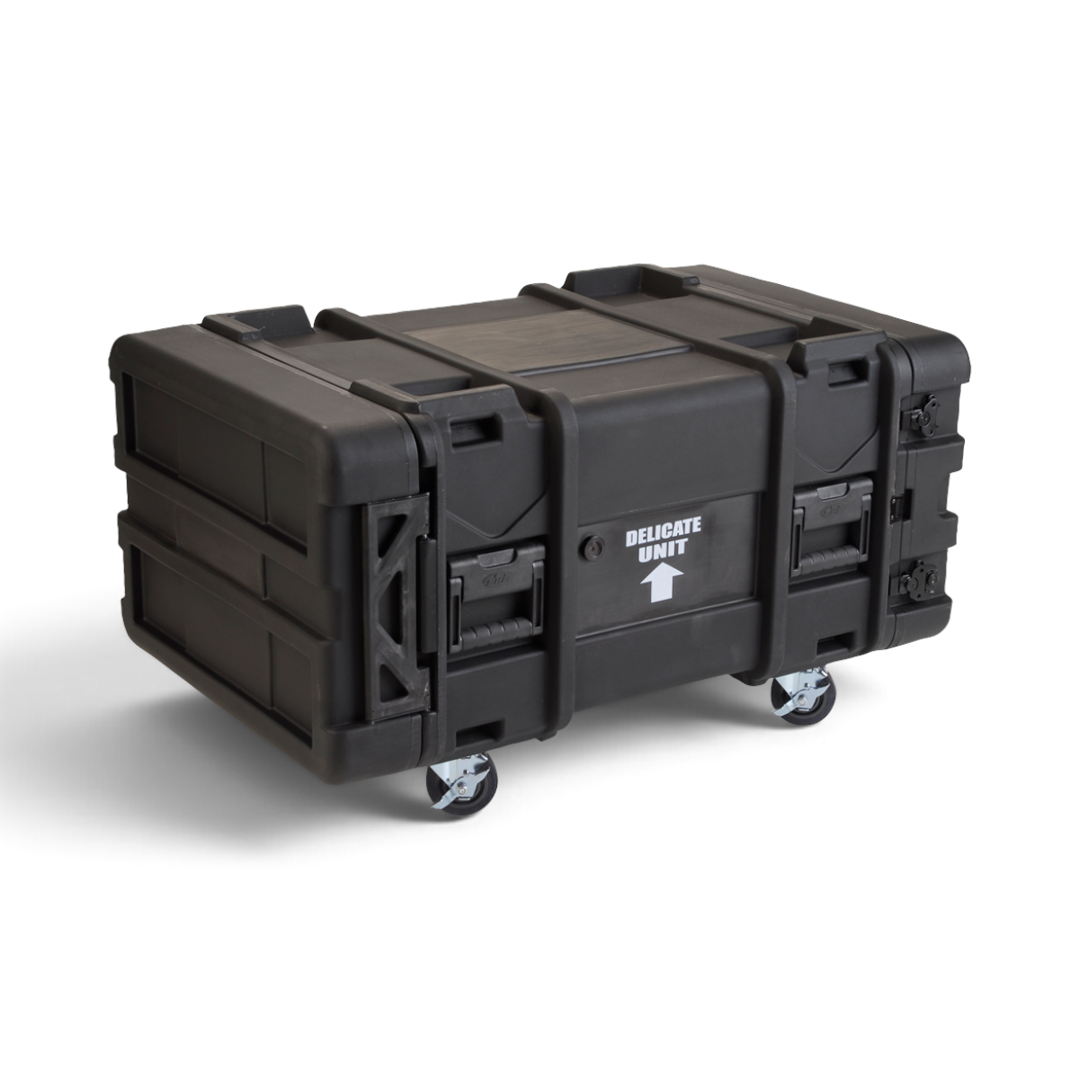 SKB Cases 6U 30-inch deep roto shock rack in black with removable casters and delicate unit warning label