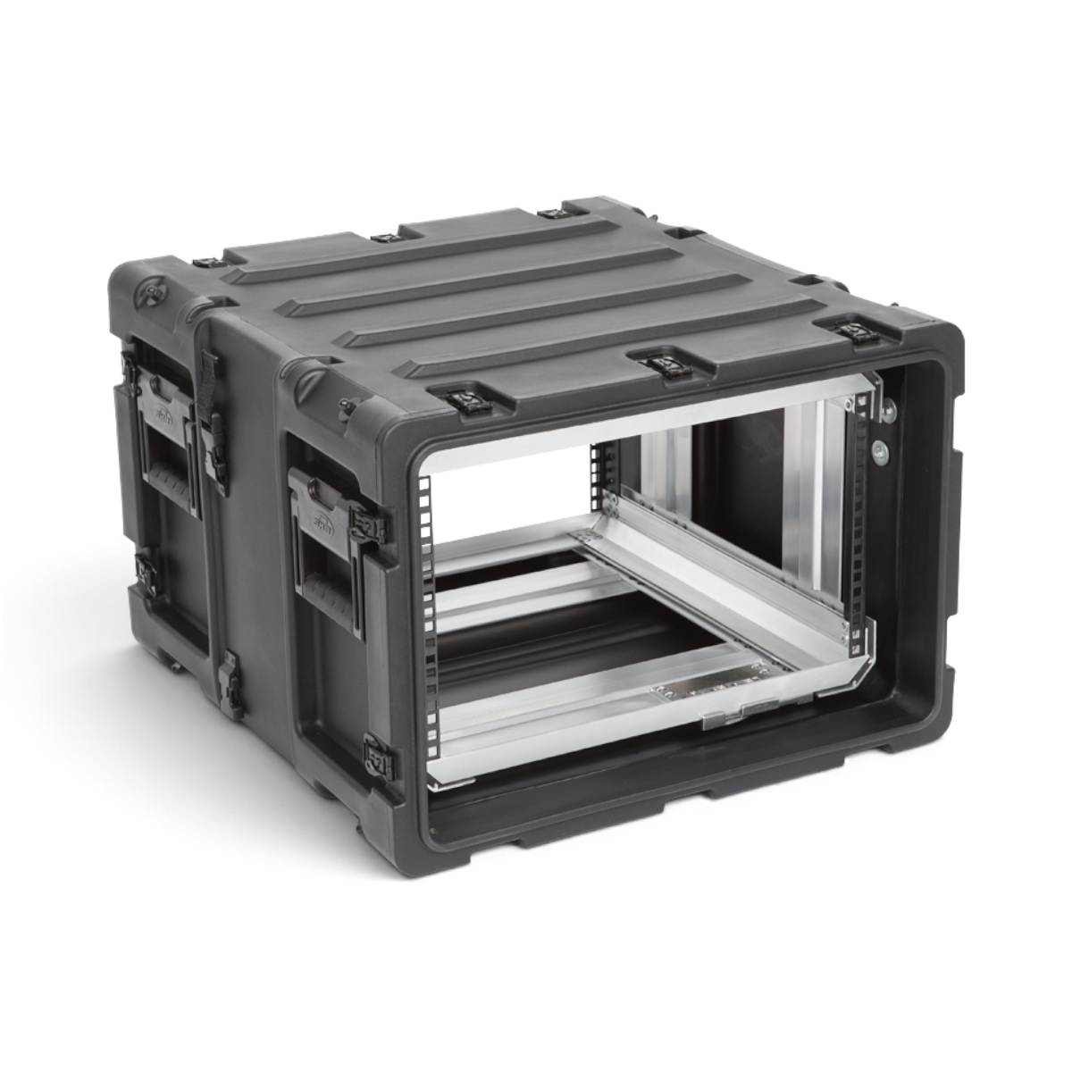 SKB Cases 6U 20-inch deep black shock rack with a removable internal frame and rugged, stackable roto-molded shell.