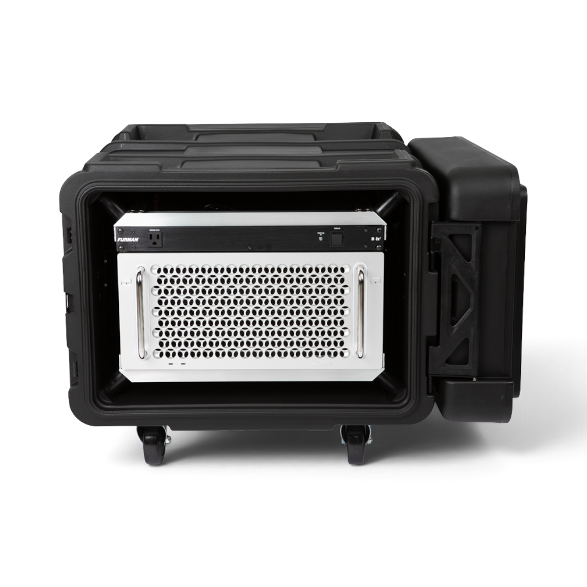 SKB Cases 6U 24-inch deep rSeries shock rack with black roto-molded exterior and internal aluminum equipment frame.