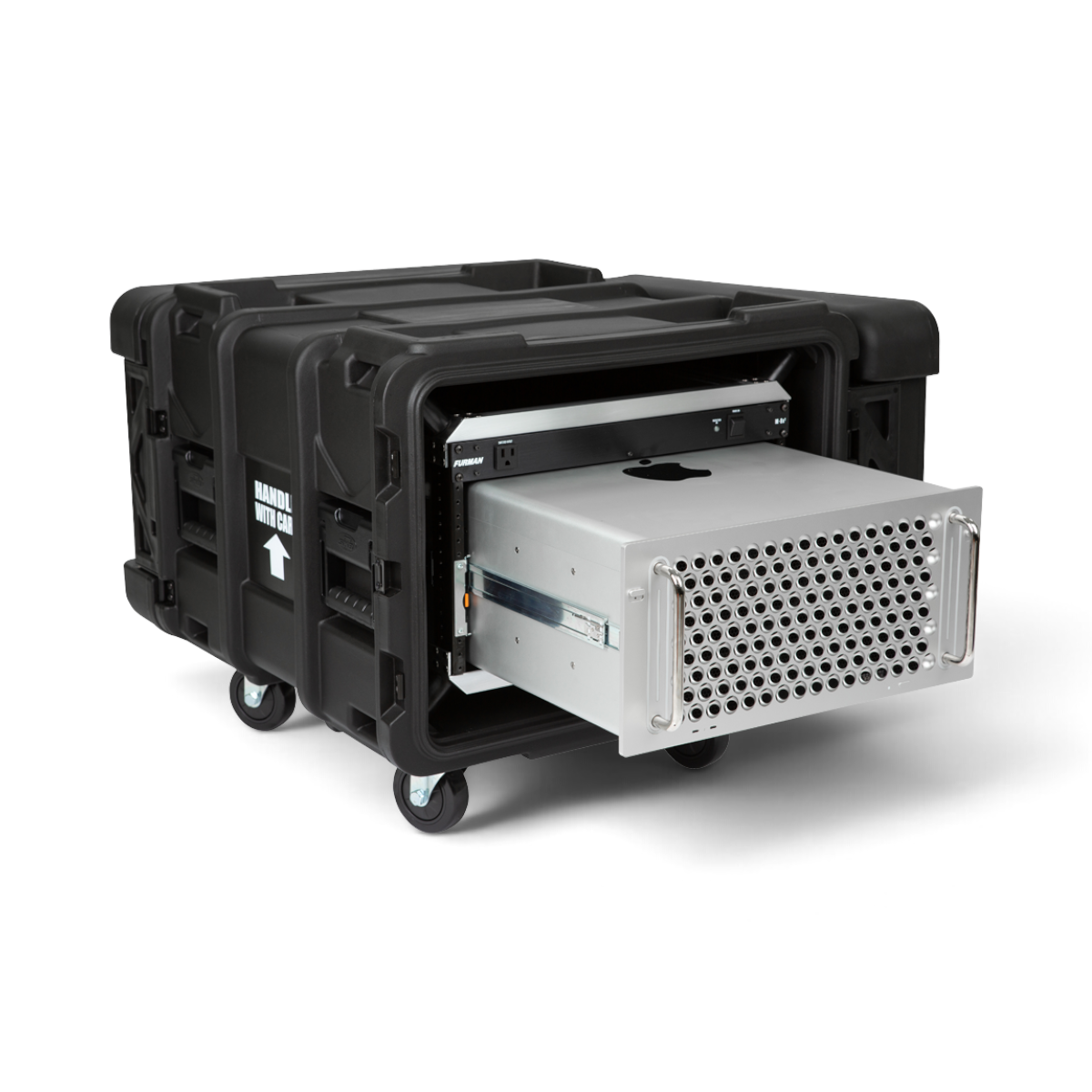 SKB Cases 6U 24-inch deep rSeries shock rack with a mounted server chassis on wheels in a black protective case