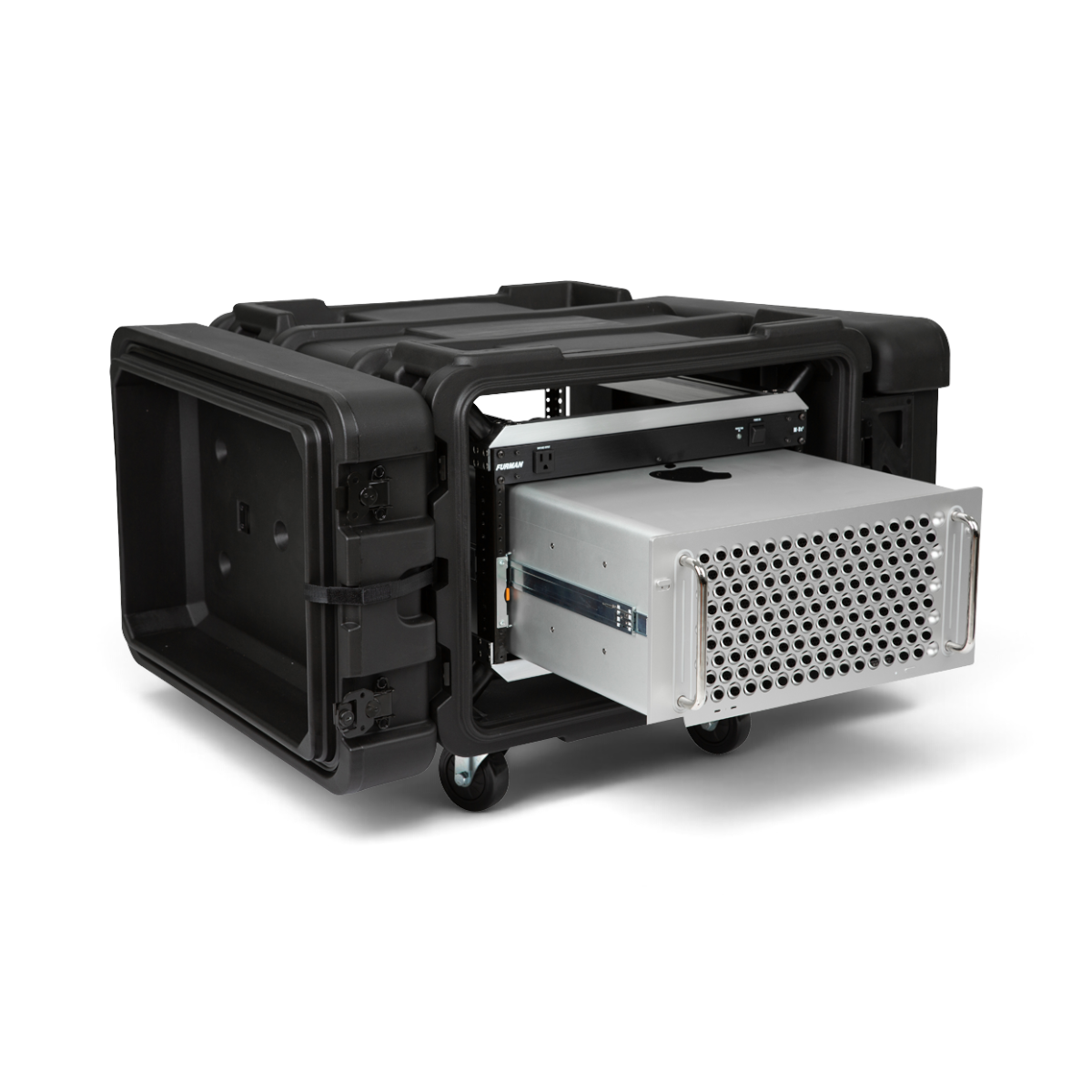 SKB Cases 6U 24-inch deep roto shock rack with mounted server equipment and removable casters on a white background.