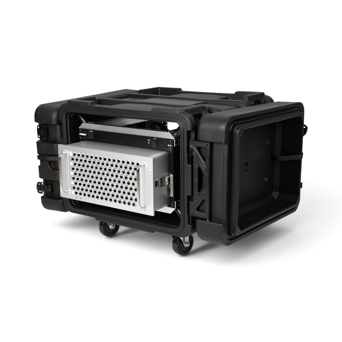 SKB Cases 6U 24-inch deep roto shock rack with open lids and mounted equipment on removable casters