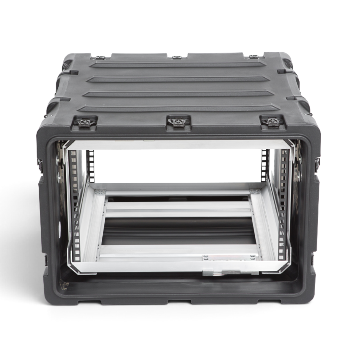 SKB Cases 6U 20-inch deep shock rack with a black roto-molded shell and removable interior equipment frame.