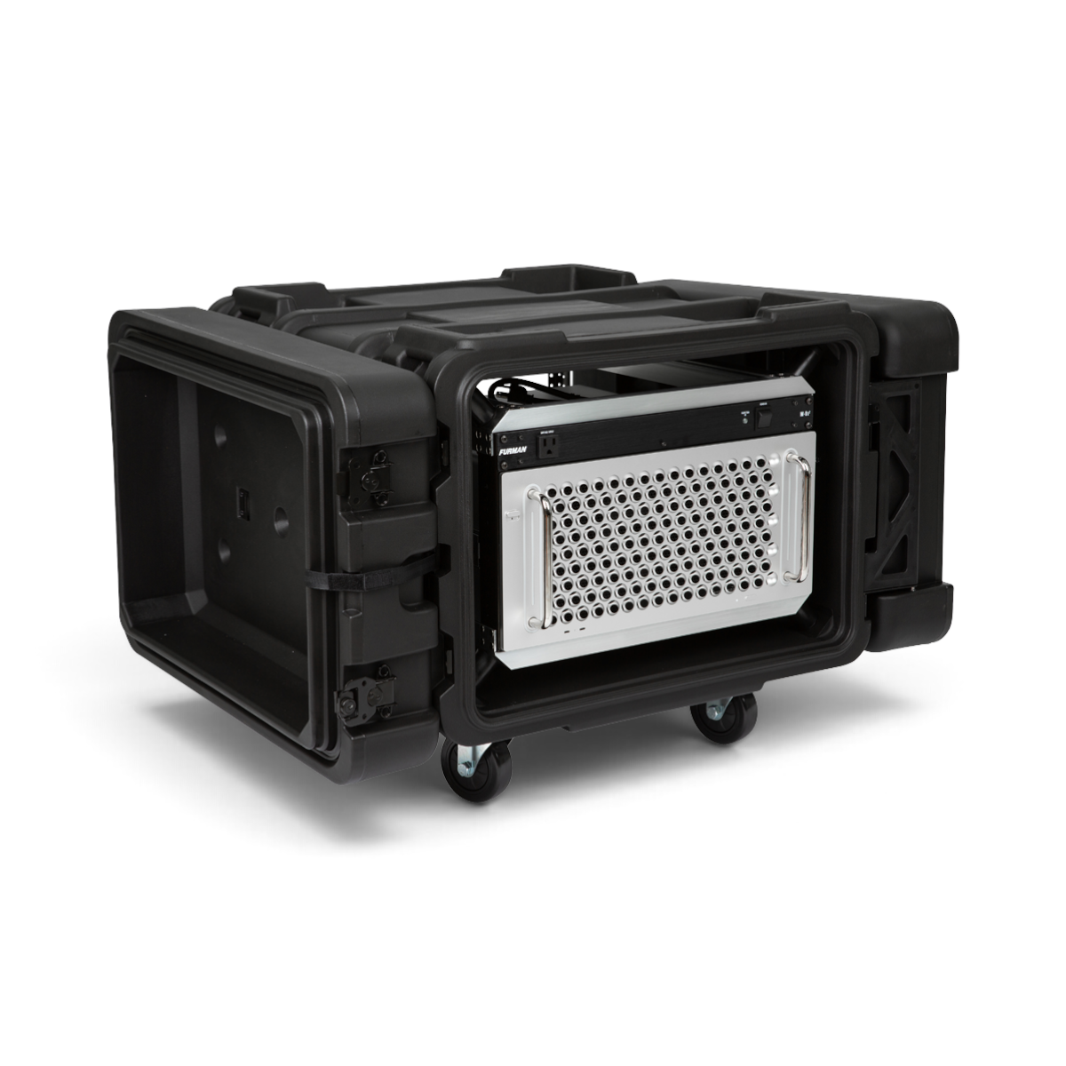 SKB Cases 6U 24-inch deep rSeries shock rack in black with mounted equipment and removable casters