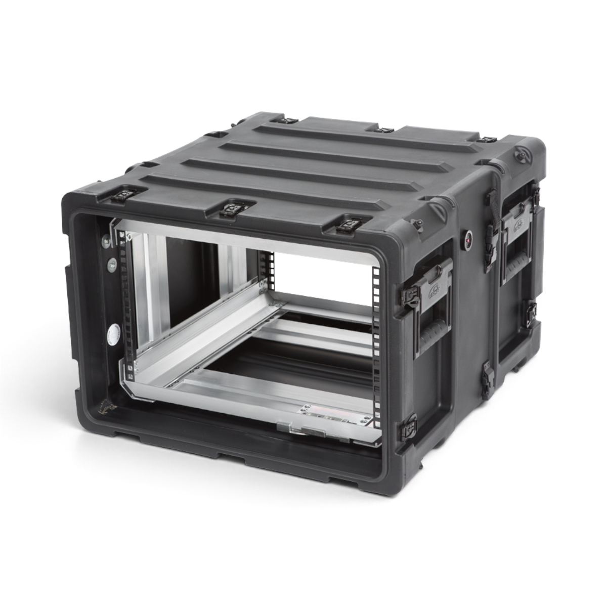 SKB Cases 6U 20-inch deep black shock rack with removable internal frame and rugged roto-molded shell.