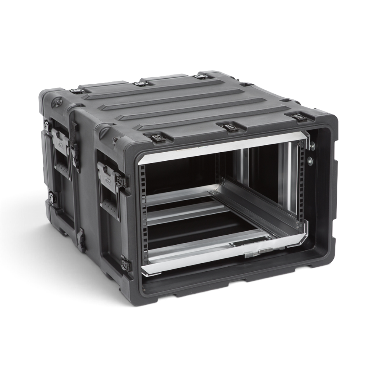 SKB Cases 6U 20-inch deep shock rack with a black roto-molded shell and a removable internal equipment frame.