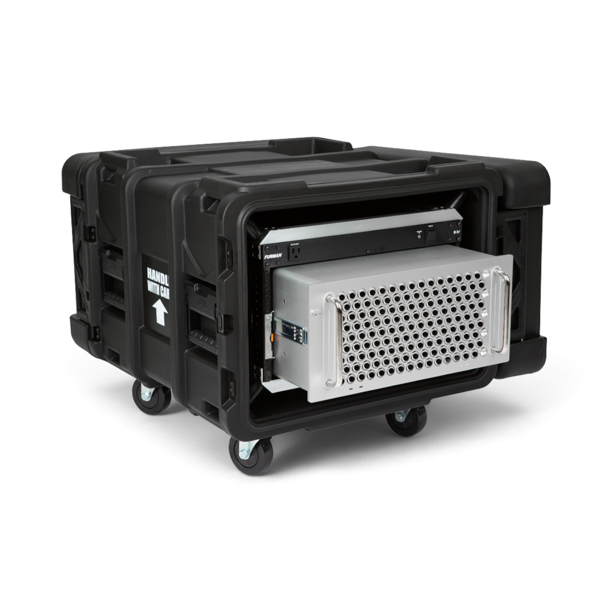 SKB Cases 6U 24-inch deep roto shock rack with mounted equipment, black rugged case on removable casters.