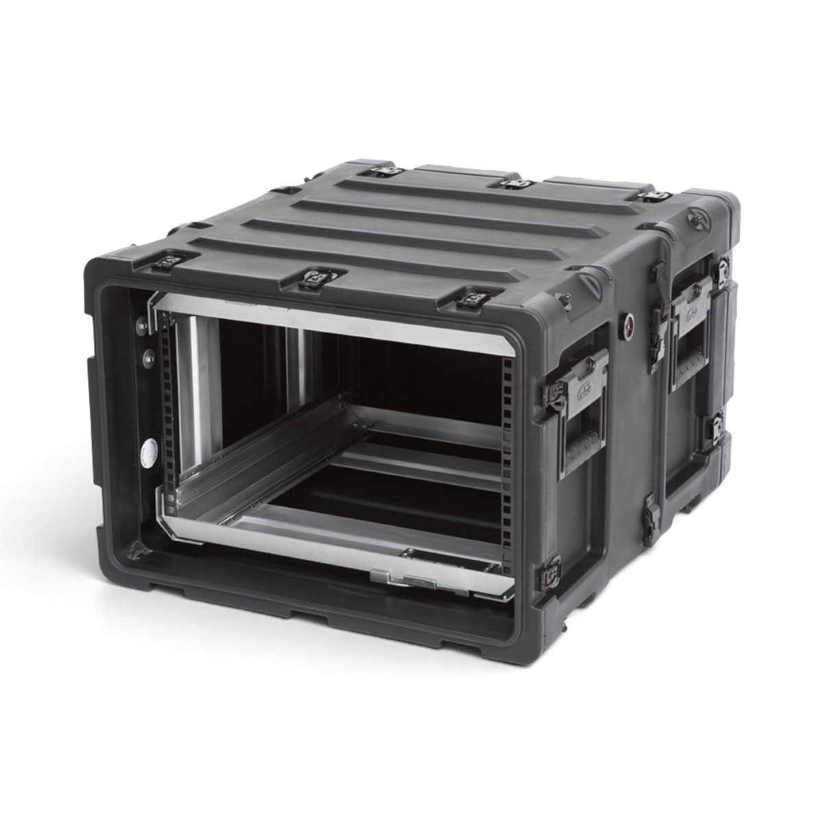 SKB Cases 6U 20-inch deep RR series shock rack in black with a removable internal frame and rugged protective shell.