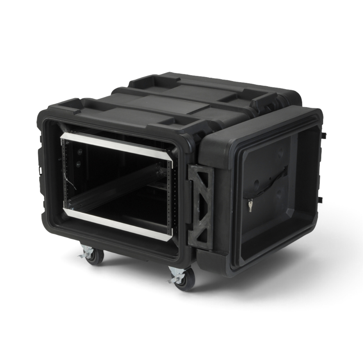 SKB Cases 6U 24-inch deep shock rack with black roto-molded exterior, internal metal frame, and removable casters.