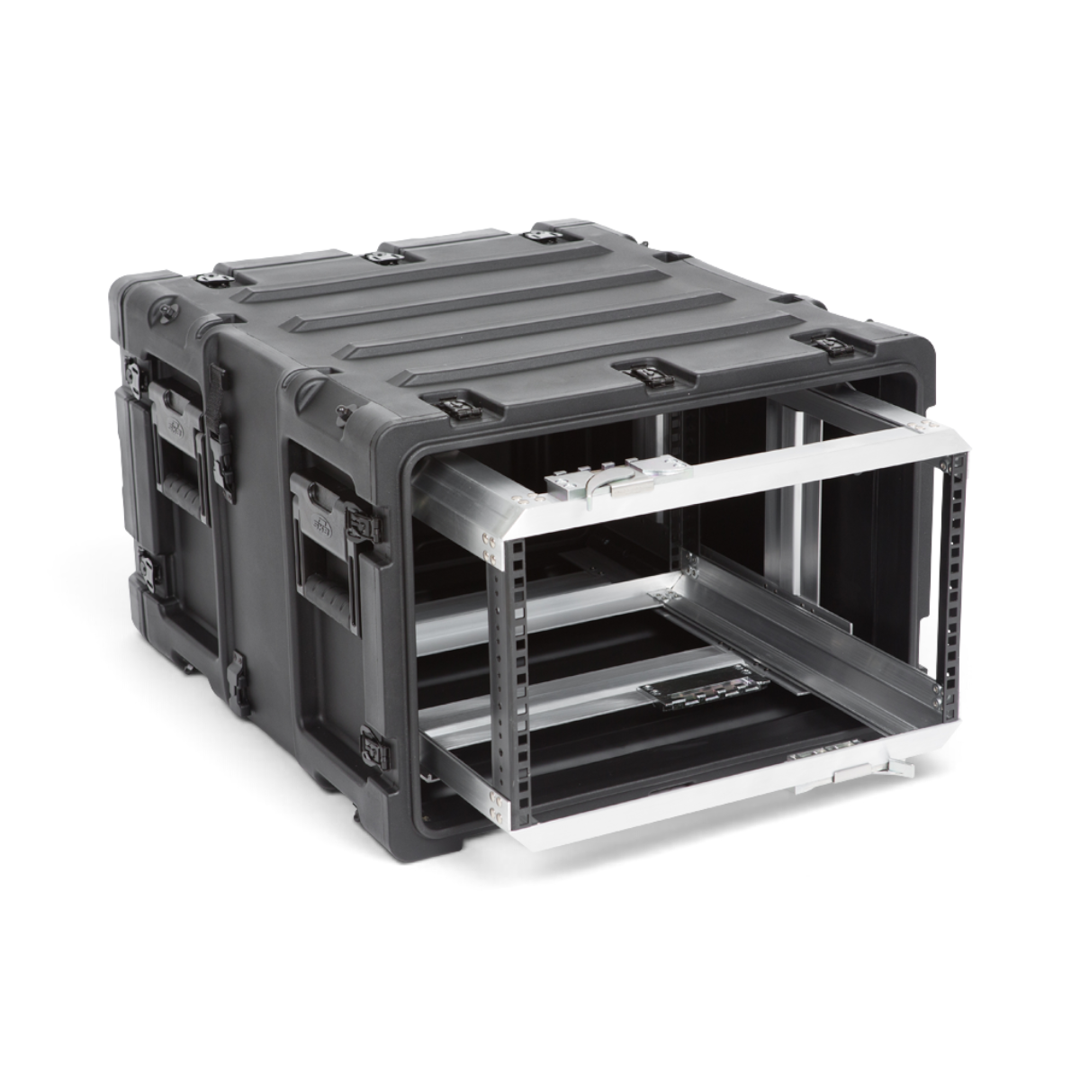 SKB Cases 6U 20-inch deep shock rack in black with a removable internal frame and rugged, stackable protective shell.
