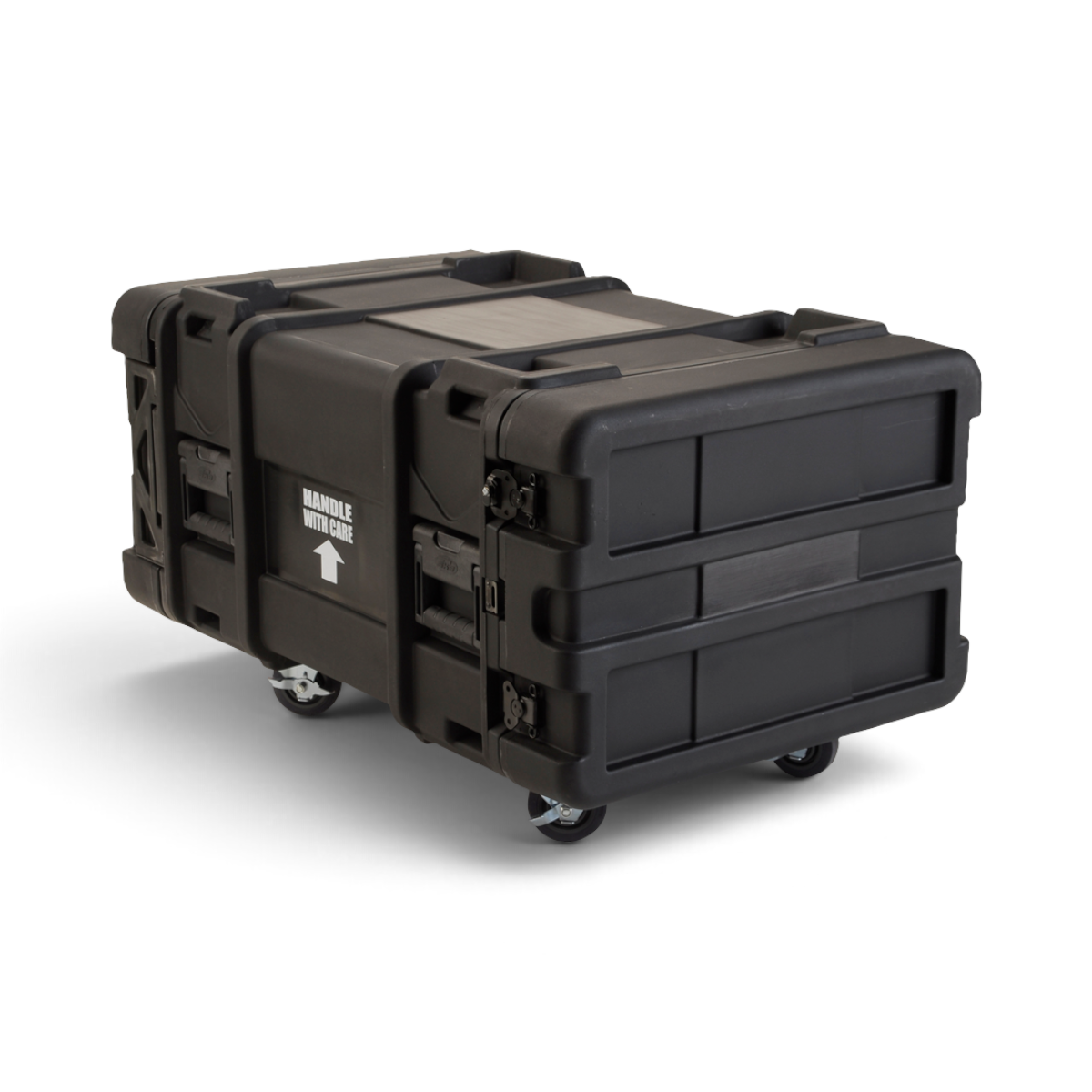 SKB Cases 6U 30-inch deep roto shock rack in black with heavy-duty latches, casters, and handle with care labeling.