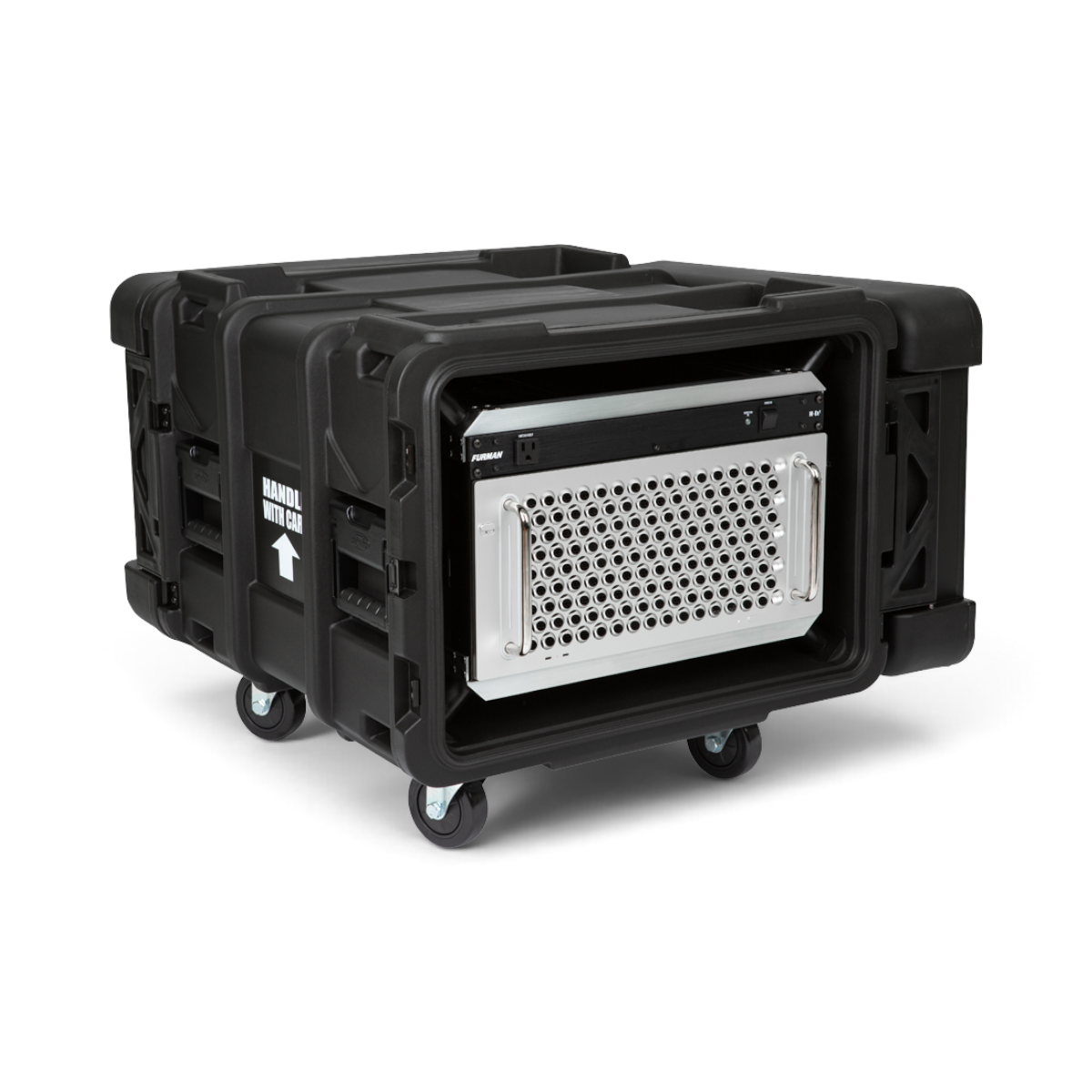 SKB Cases 6U 24-inch deep roto shock rack with black protective shell, removable casters, and mounted equipment.