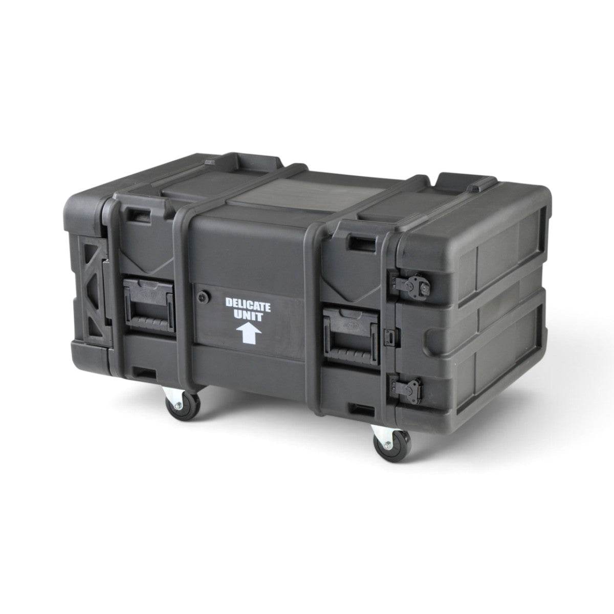SKB Cases 6U 28-inch deep black roto shock rack with removable casters and delicate unit warning label