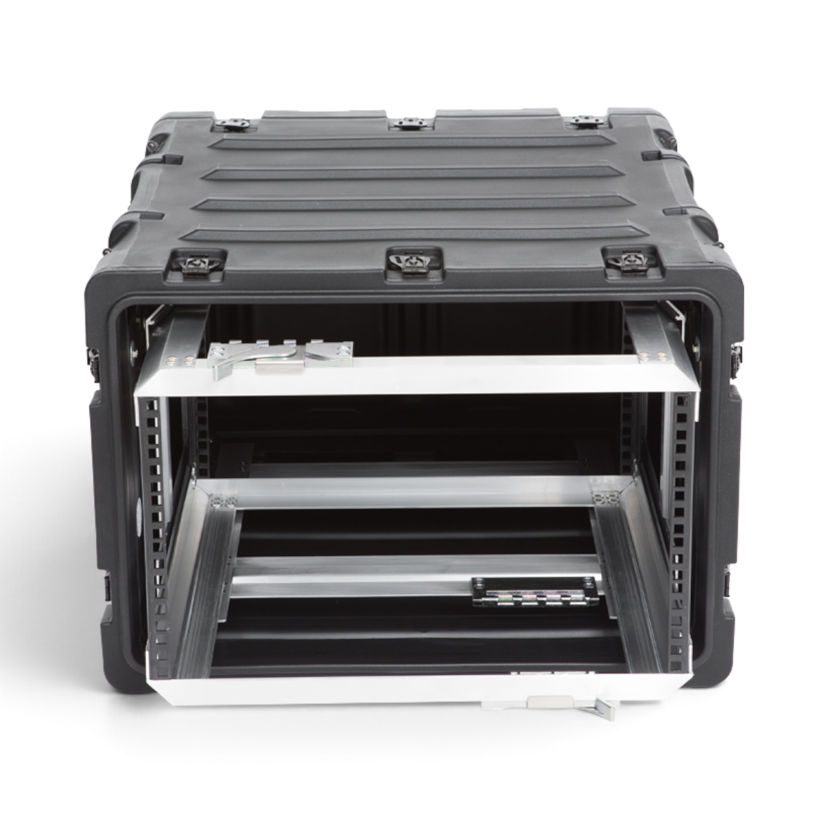 SKB Cases 6U 20-inch deep shock rack with a removable internal frame and rugged black roto-molded exterior shell.