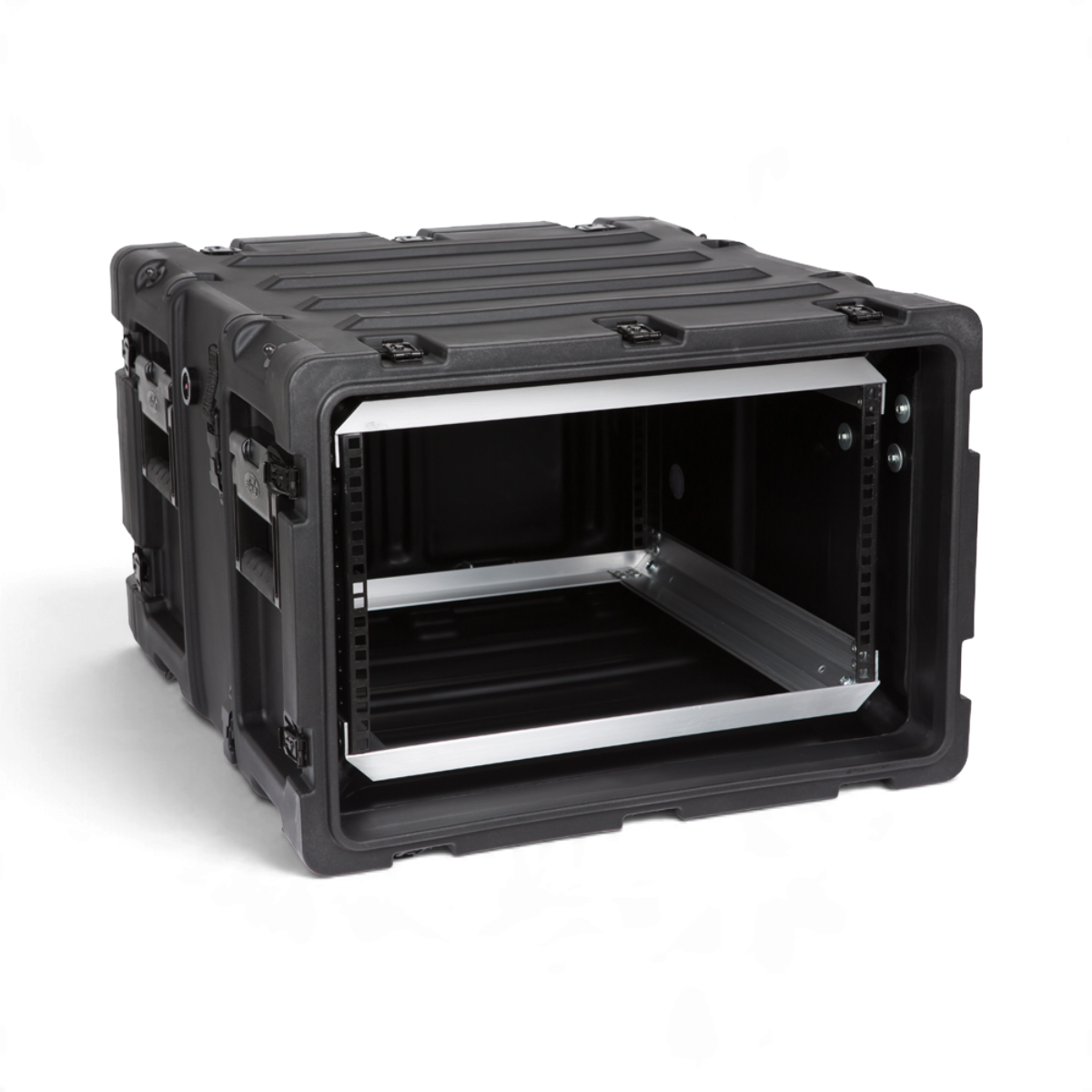 SKB Cases 6U 20-inch deep shock rack in black with internal aluminum frame and shock-absorbing design.