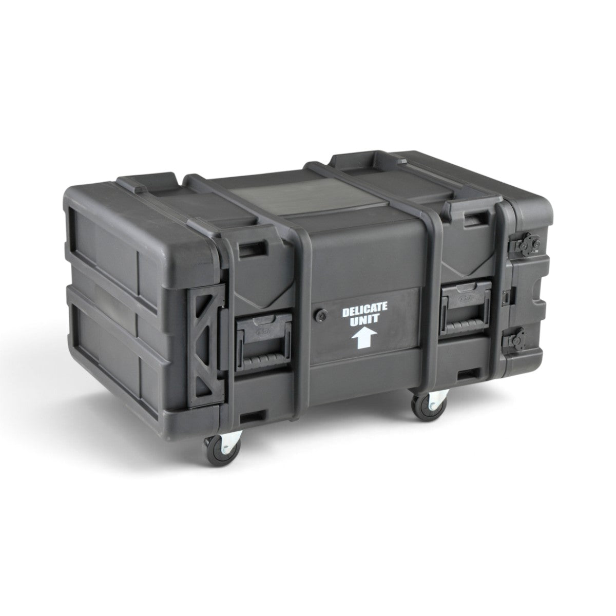 SKB Cases 6U 28-inch deep roto shock rack in black with removable casters and delicate unit warning label