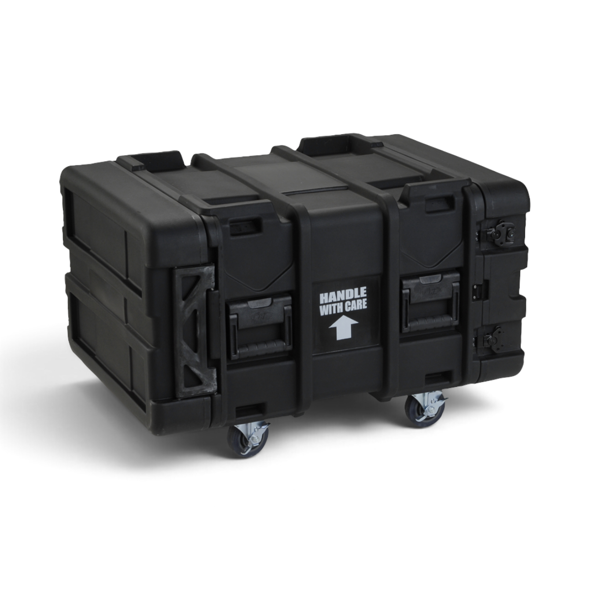 SKB Cases 6U 24-inch deep black roto shock rack with heavy-duty casters and handle with care label
