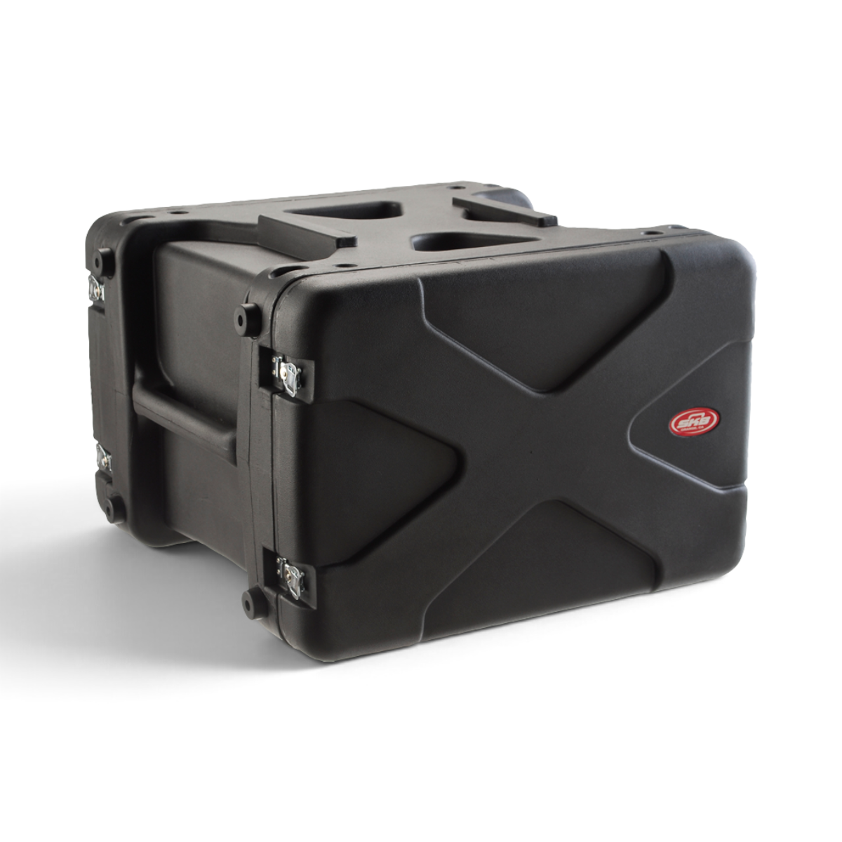SKB Cases 6U 20-inch deep roto shockmount rack case in black with reinforced corners and secure metal latches.