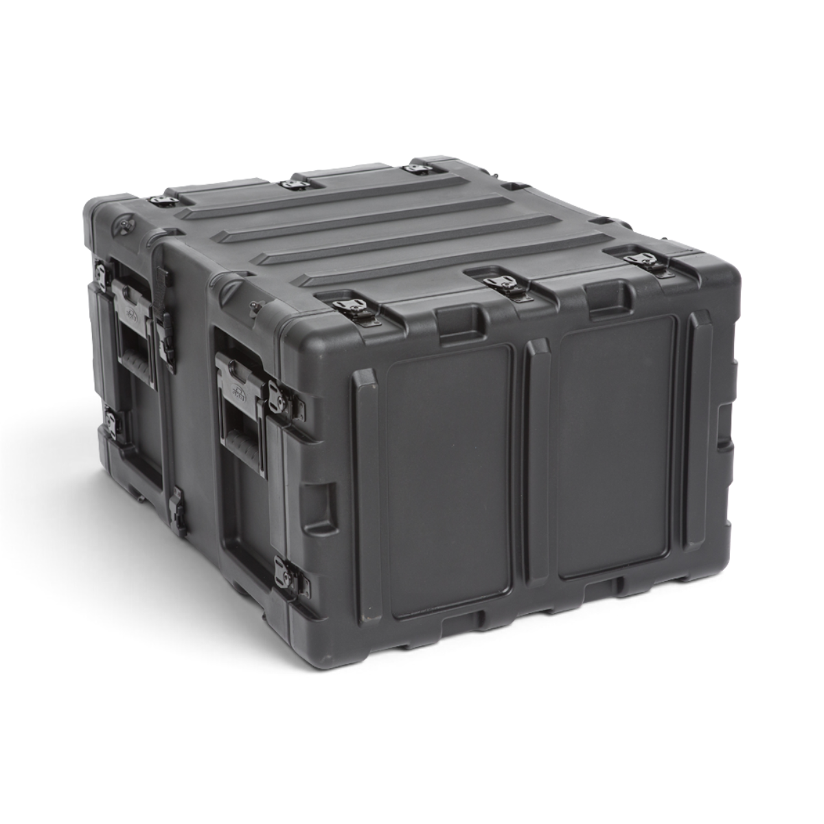 SKB Cases 6U 20-inch deep black shock rack transport case with rugged roto-molded shell and recessed hardware.