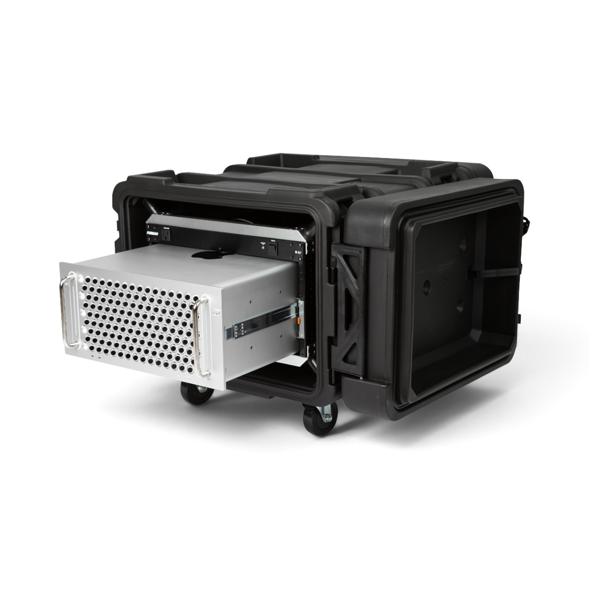 SKB Cases 6U 24-inch deep rSeries shock rack with an aluminum chassis extended from the black roto-molded case.
