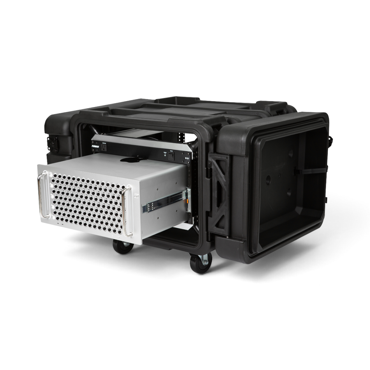 SKB Cases 6U 24-inch deep rSeries shock rack with internal aluminum chassis and removable casters on white background