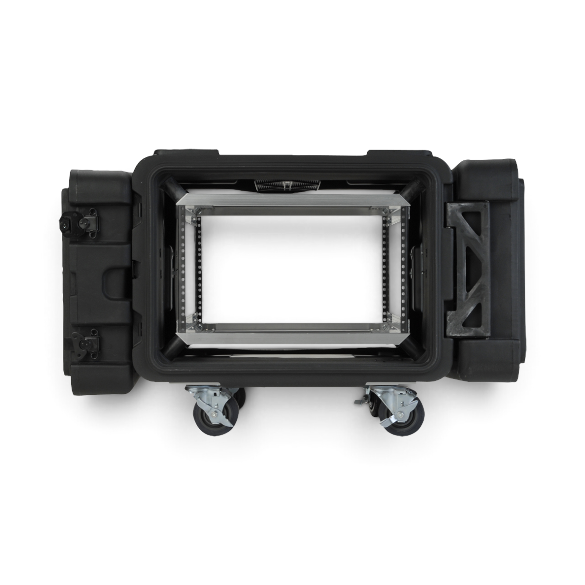 SKB Cases 6U 24-inch deep rSeries shock rack with open lids, internal aluminum chassis, and removable casters.