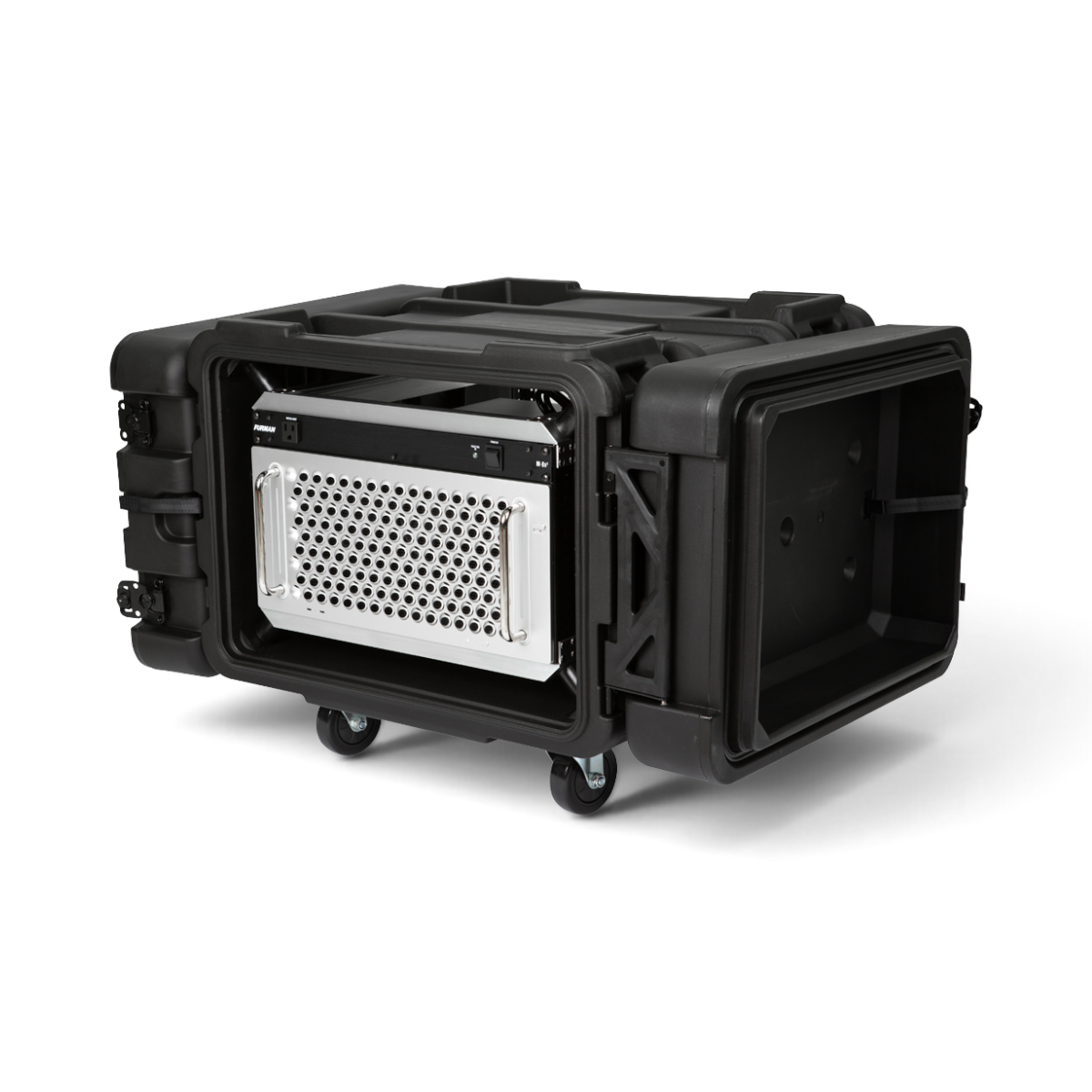 SKB Cases 6U 24-inch deep roto shock rack with black protective shell, internal aluminum chassis, and rolling casters.