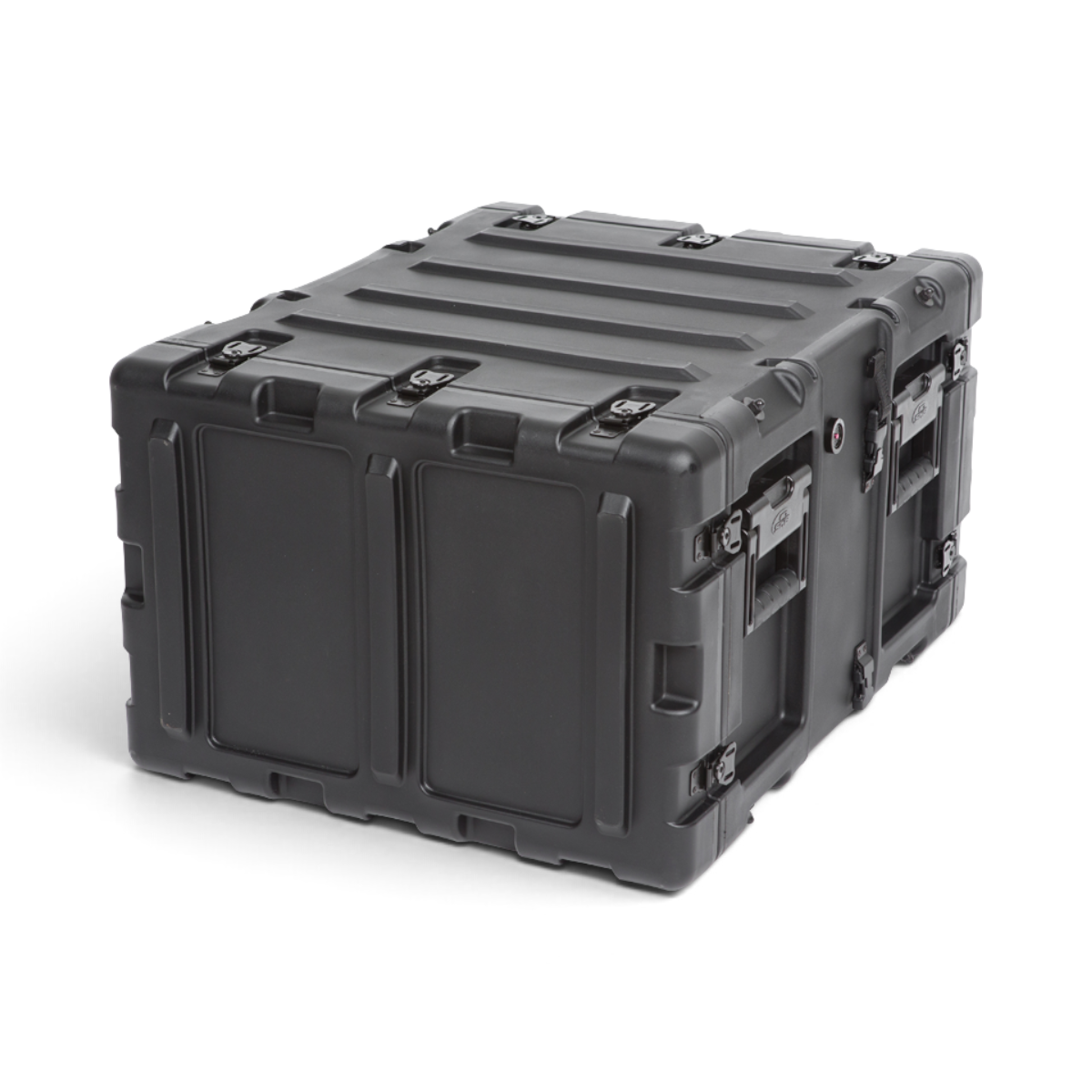 SKB Cases 6U 20-inch deep black shock rack transport case with rugged roto-molded shell and recessed hardware.