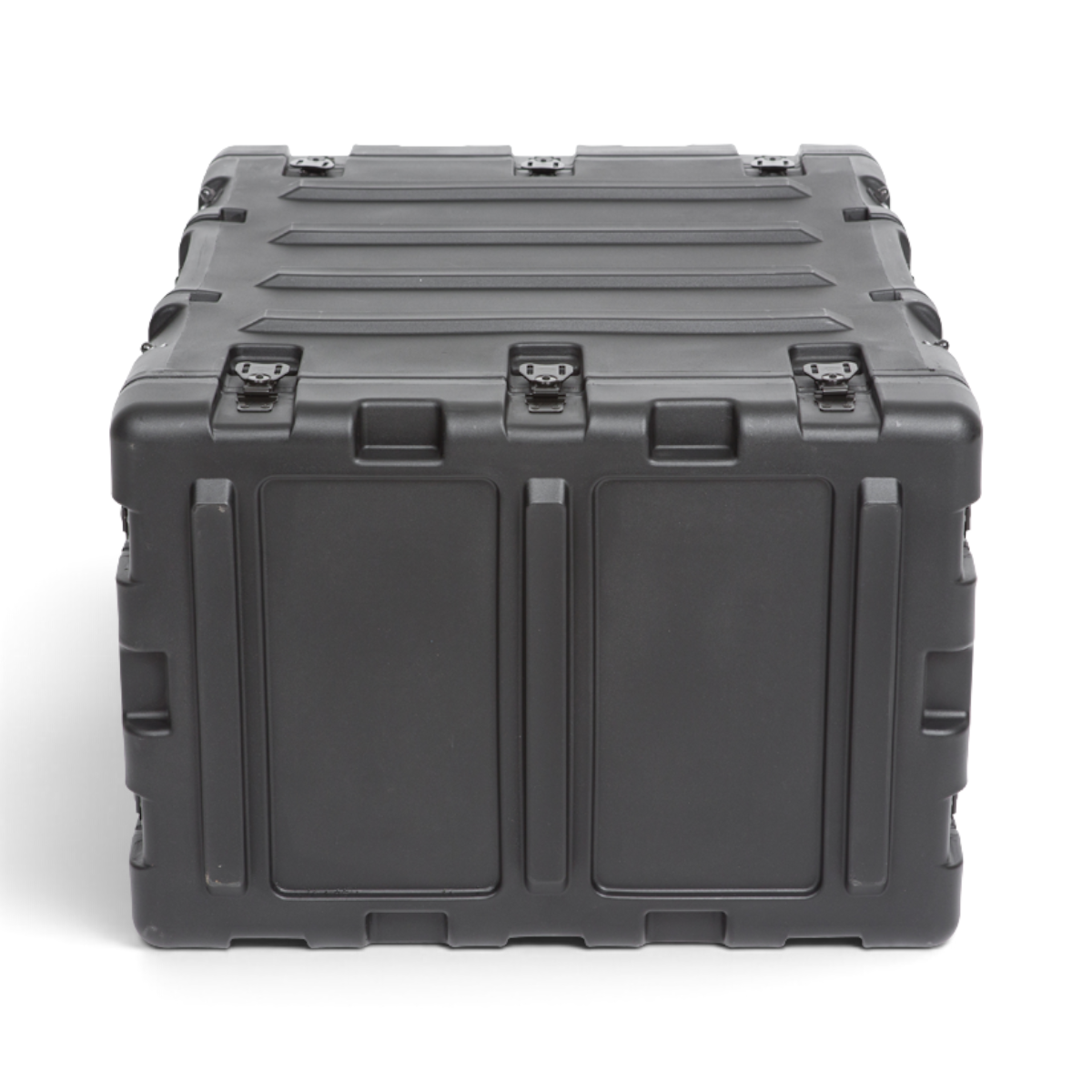 SKB Cases 6U 20-inch deep black shock rack transport case with rugged roto-molded shell and recessed hardware.