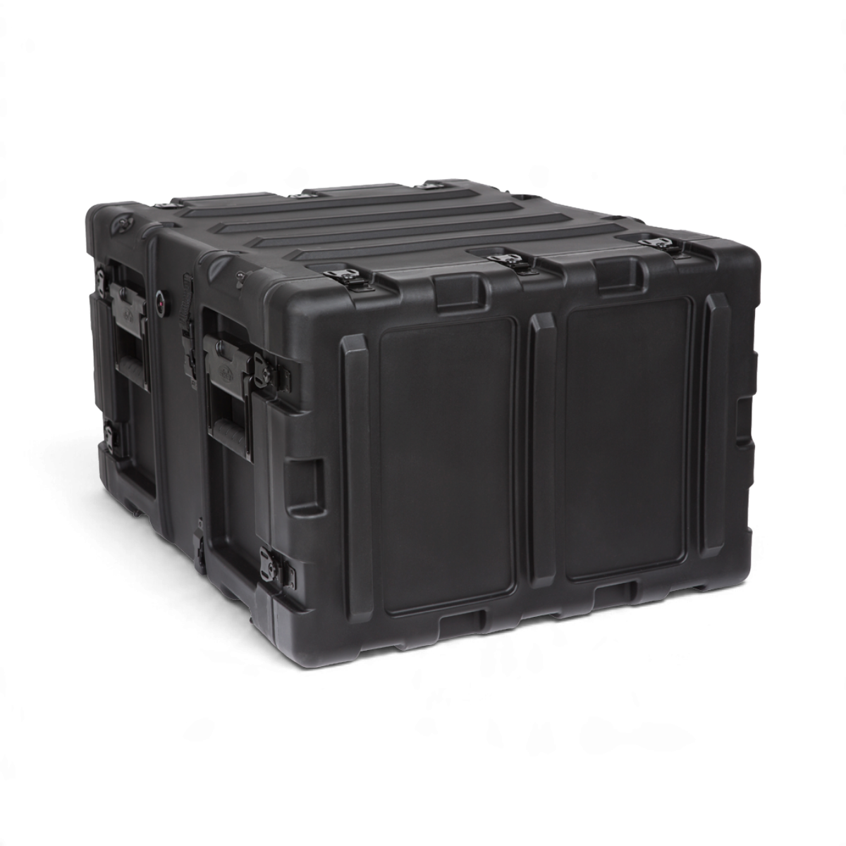 SKB Cases 6U 20-inch deep black shock rack transport case with rugged roto-molded shell and recessed hardware.