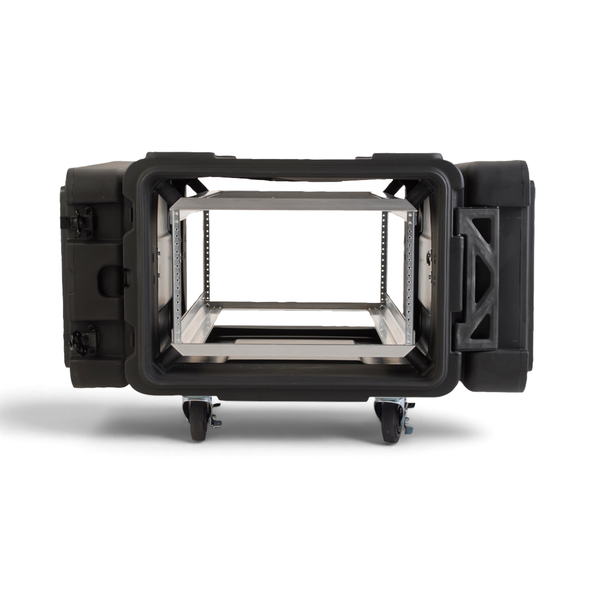 SKB Cases 6U 30-inch deep roto shock rack with internal aluminum frame and removable casters on a white background