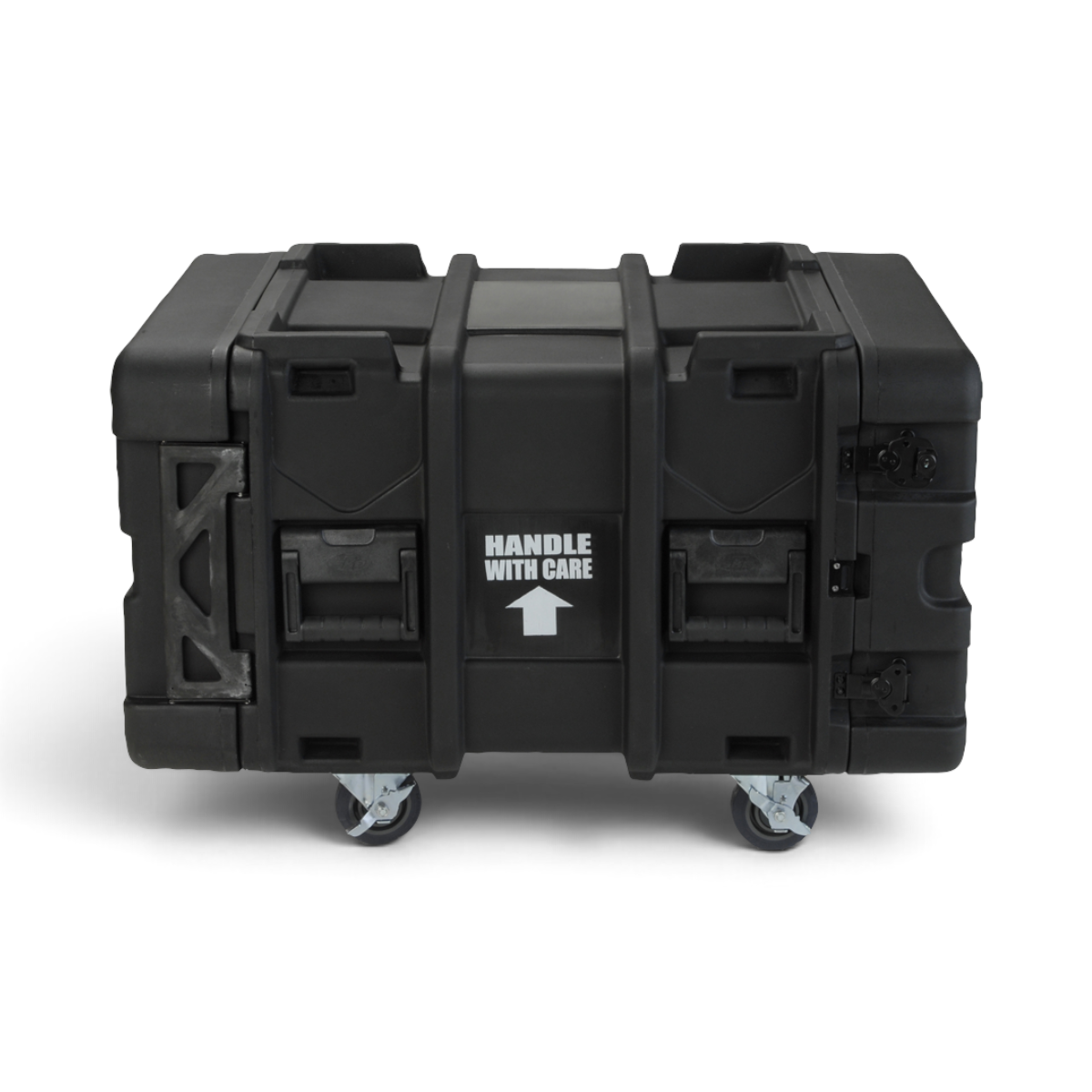 SKB Cases 6U 24-inch deep black roto shock rack with removable casters and handle with care label