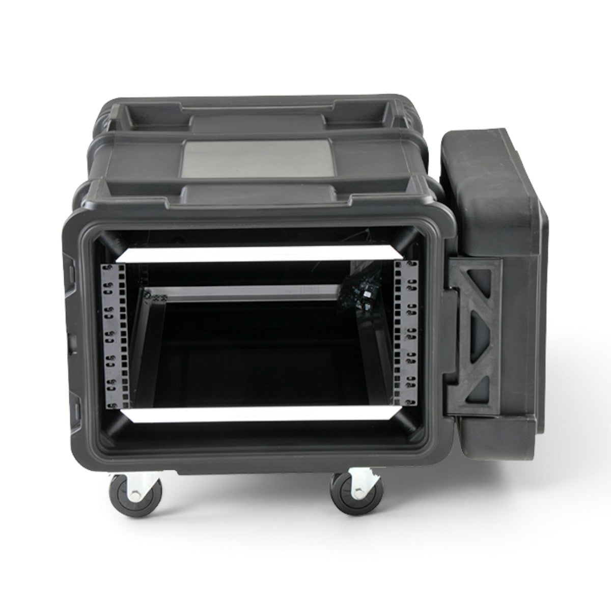SKB Cases 6U 28-inch deep rSeries shock rack with black roto-molded shell, internal aluminum frame, and casters.