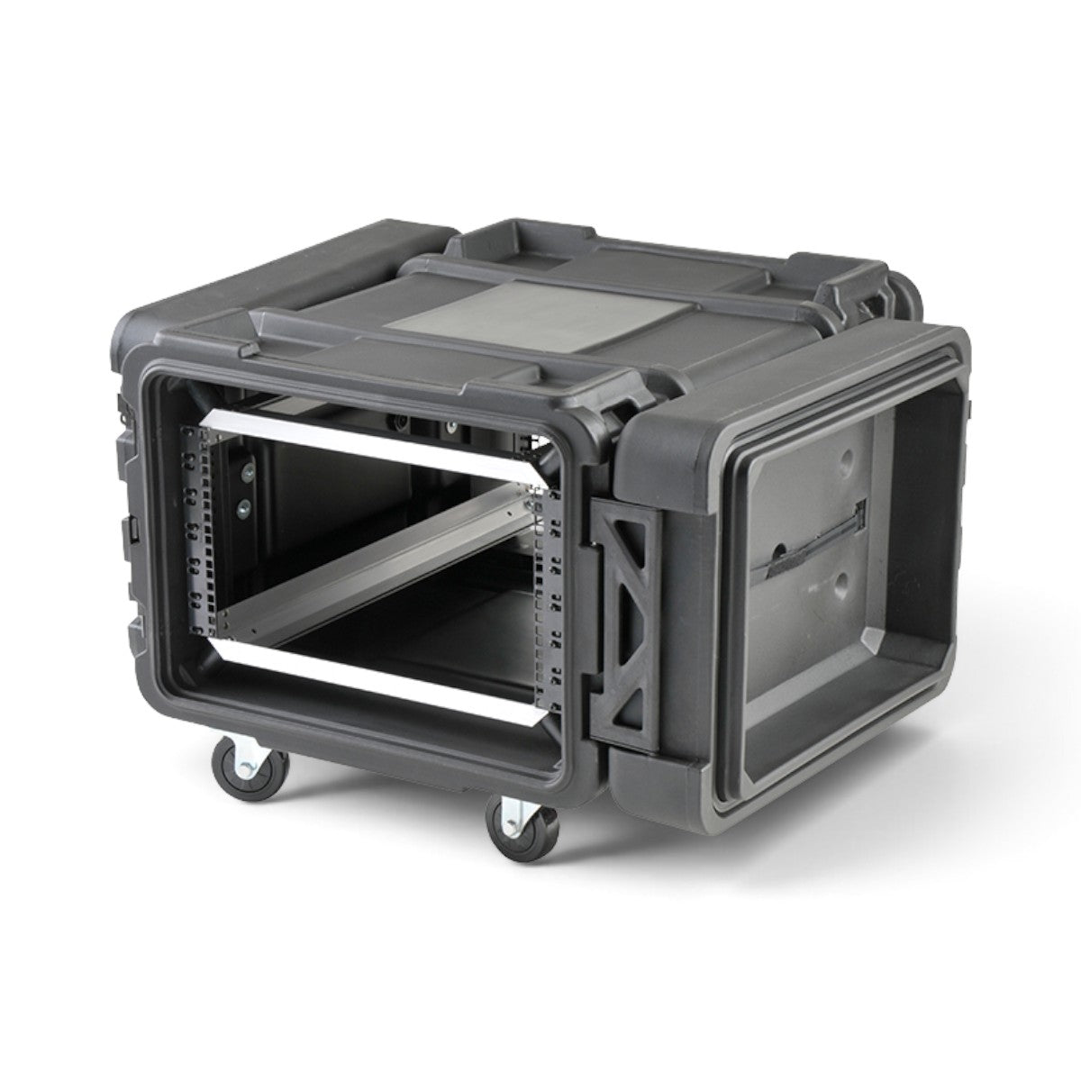 SKB Cases 6U 28-inch deep rSeries shock rack in black with internal aluminum rails and removable caster wheels