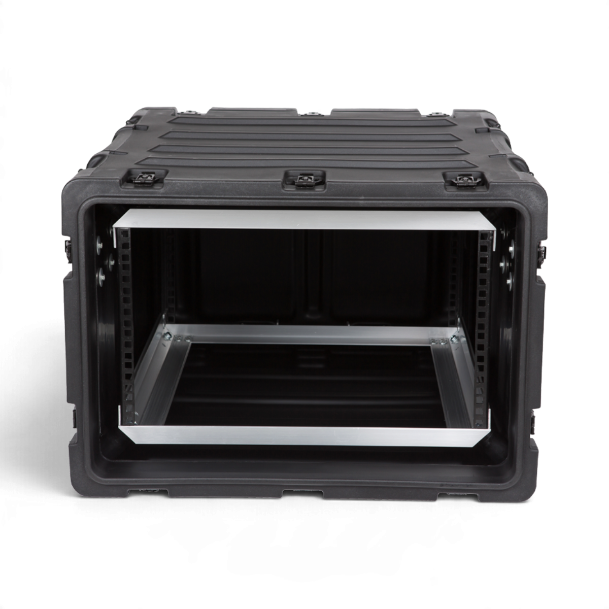 SKB Cases 6U 20-inch deep shock rack with a black roto-molded shell and internal aluminum equipment chassis