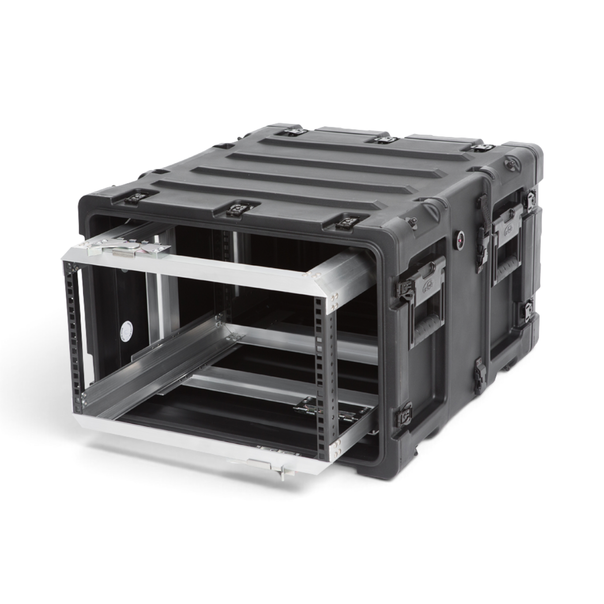 SKB Cases 6U 20-inch deep shock rack with a black roto-molded shell and a removable internal equipment frame.