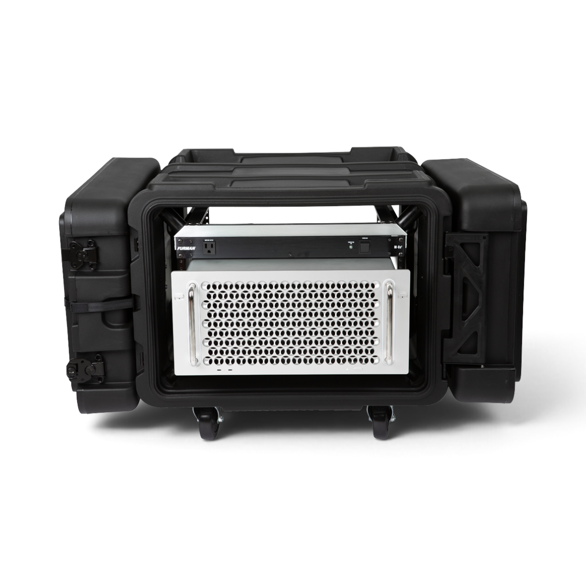SKB Cases 6U 24-inch deep roto shock rack with mounted equipment, featuring a durable black exterior and casters.