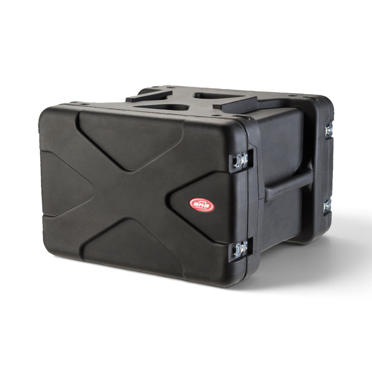SKB Cases 6U 20-inch deep black roto shockmount rack case with heavy-duty latches and protective frame design.