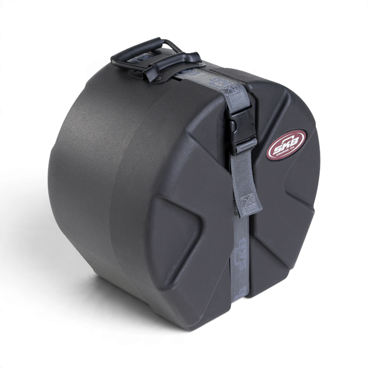 SKB Cases 6x10 snare drum case in black with Roto-X pattern, durable molded design, and secure strap closure.