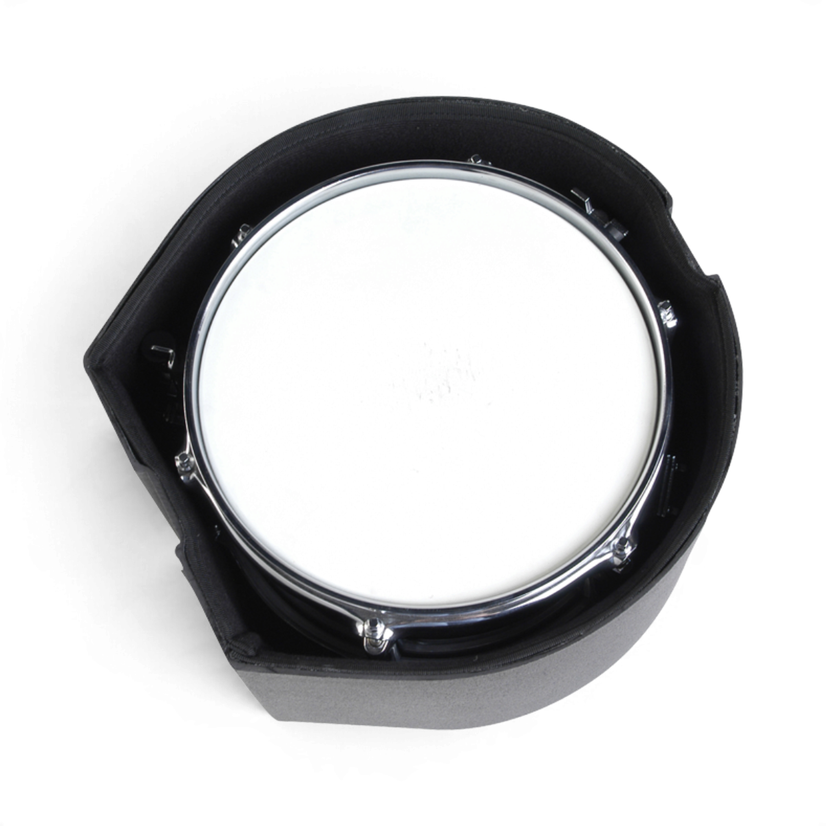 SKB Cases 6x12 snare drum inside a black roto-molded D-shaped protective case with a white drum head