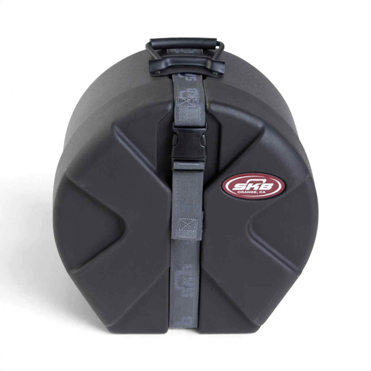 SKB Cases 6x12 snare drum case in black roto-molded plastic with D-shaped design, secure strap, and carry handle.