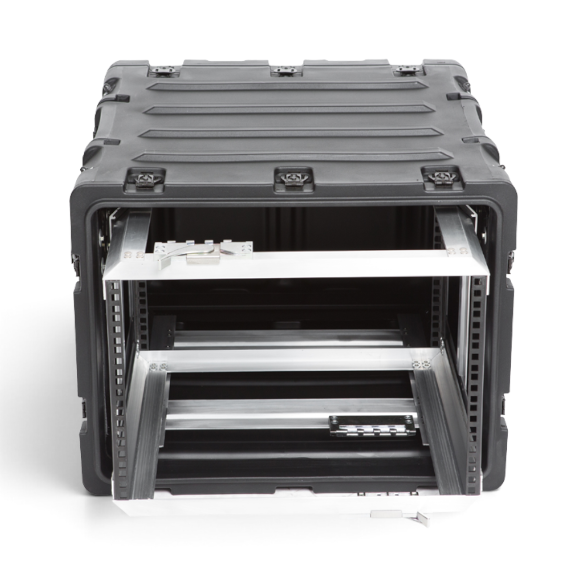 SKB Cases 7U 20-inch deep shock rack with a removable internal frame and black roto-molded protective shell.